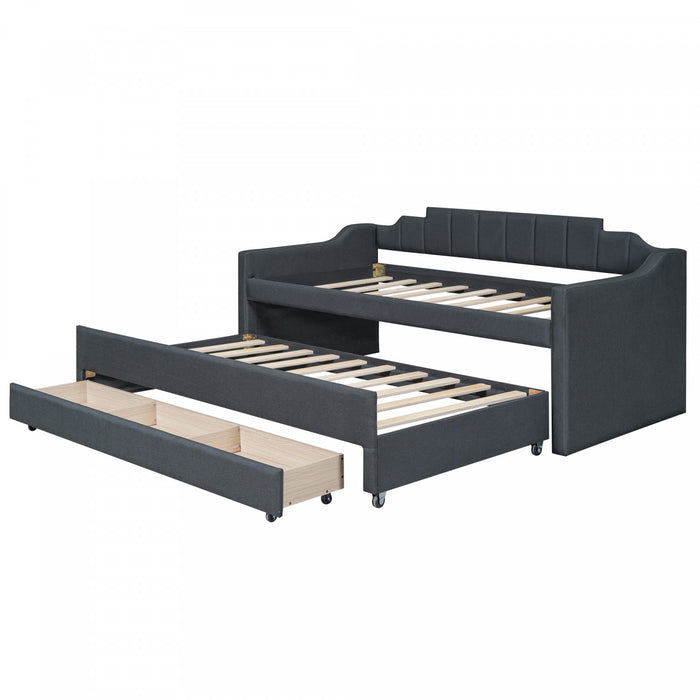 Hogan Linen-look Fabric Upholstered Daybed With Trundle And Storage Drawers, Twin Size, Grey