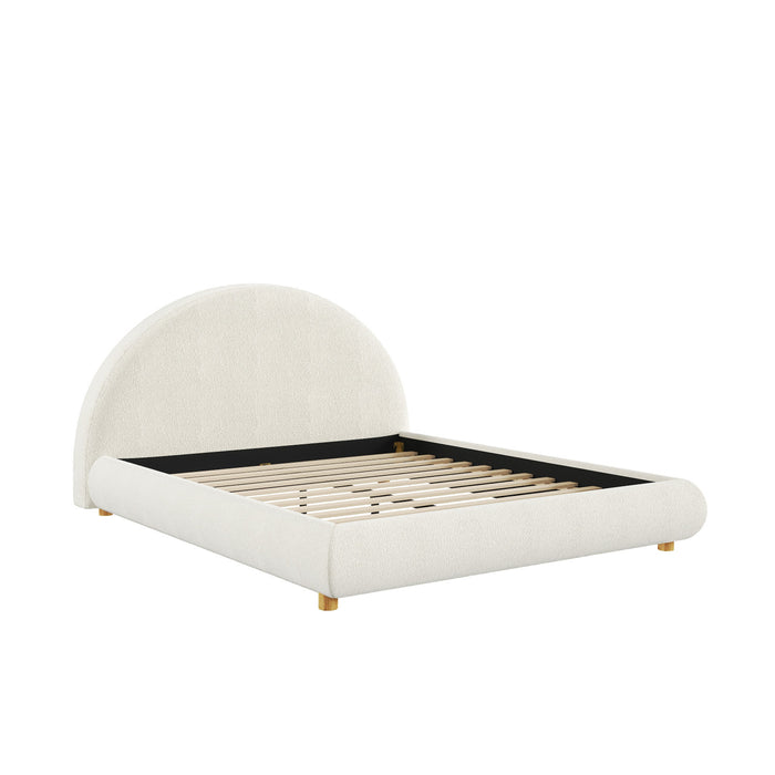 Harold Platform Bed with Boucle Upholstered Round Curved Headboard and Low-Profile Frame,Queen Size,White Queen Bed