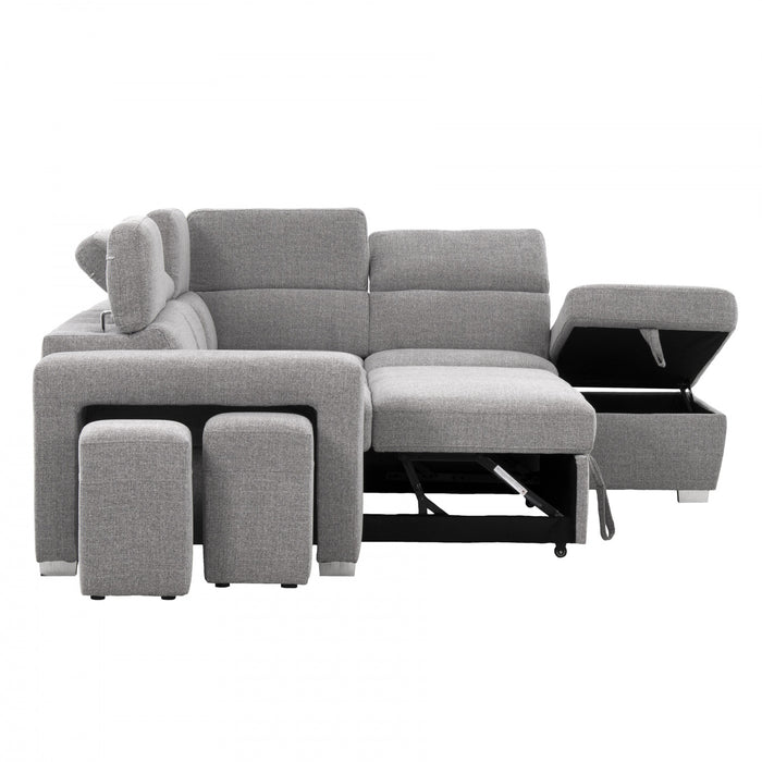 Pax 105 in. Fabric Sleeper Sectional with Storage Chaise, Nested Stools and Adjustable Headrests - Grey