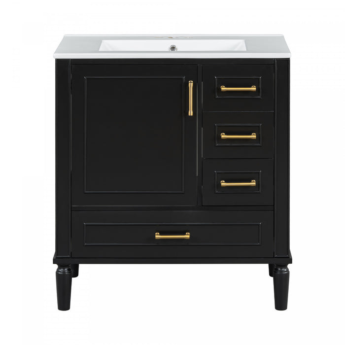 Emerson 30 Inch Bathroom Vanity with Ceramic Sink and Three Drawers, Black
