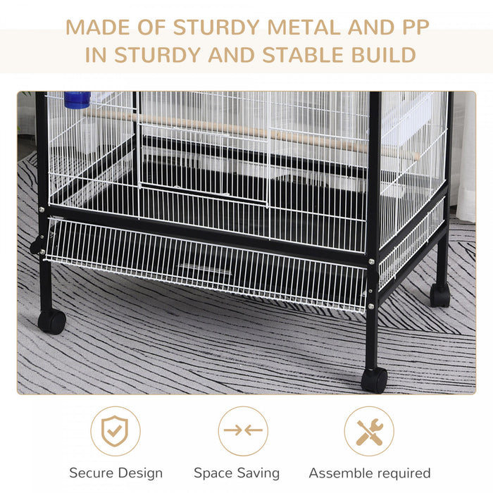 Pawhut 30x20.5x54-inch Bird Cage Parrot Macaw Finch Cockatoo Flight Cage With Wheels Black/white