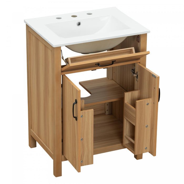 Nolan 24 Inch Modern Wood Bathroom Vanity with Ceramic Sink & Storage, Brown