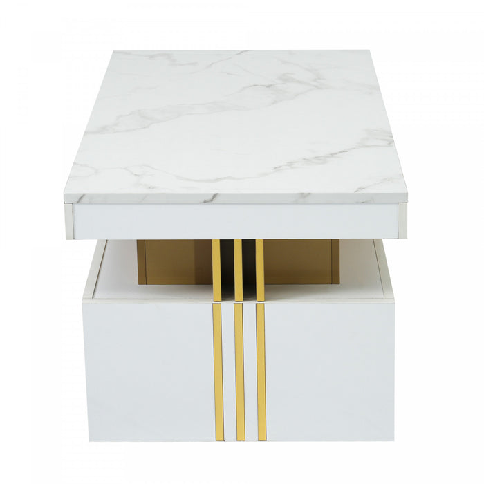 Noah Modern Coffee Table with Marble Pattern Top and Storage Drawers,White