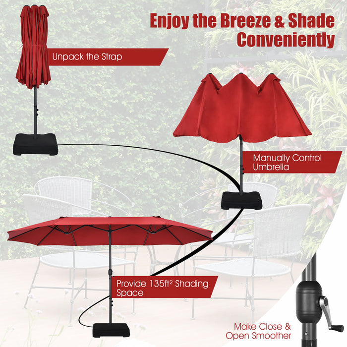 Costway 15FT Double-Sided Twin Patio Umbrella Sun Shade Outdoor Crank Market Base Wine