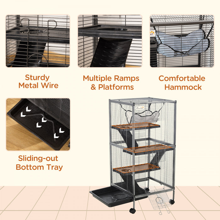 Pawhut 4-tier Rolling Small Animal Cage Pet Mink Chinchilla Small Cat Hutch Pet Play House With Hammock Platform, Ramp,removable Tray For Pet Mink, Chinchilla, Small Cat