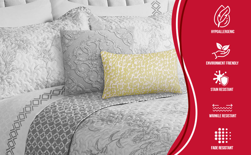 King Size 3-Piece Reversible Quilt Set - Grey and White Floral Botanical Print 