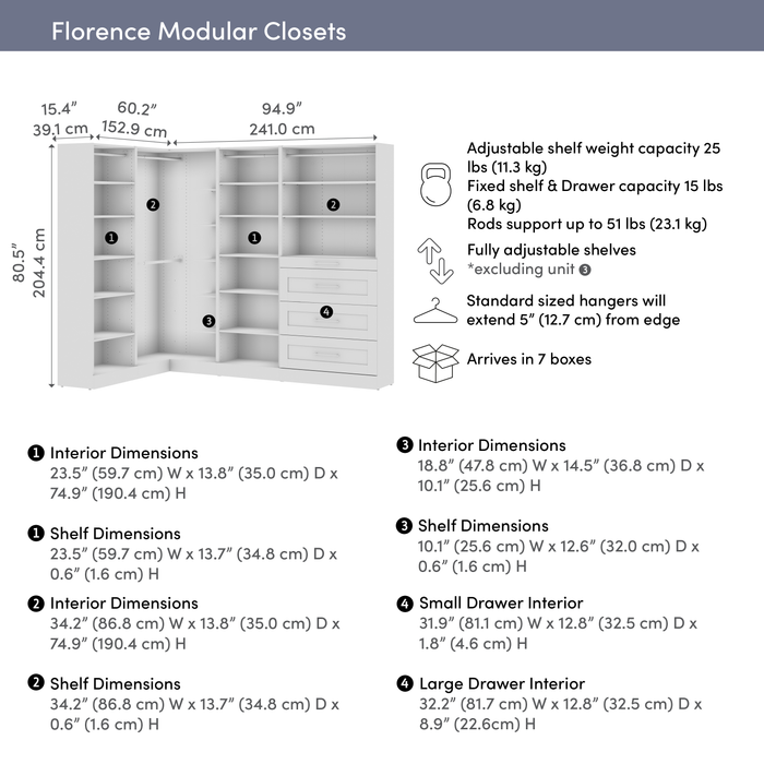 Bestar Florence 95\" Modular L-Shaped Walk-In Closet System with Rods, Shelves and Drawers Shaker Style - White