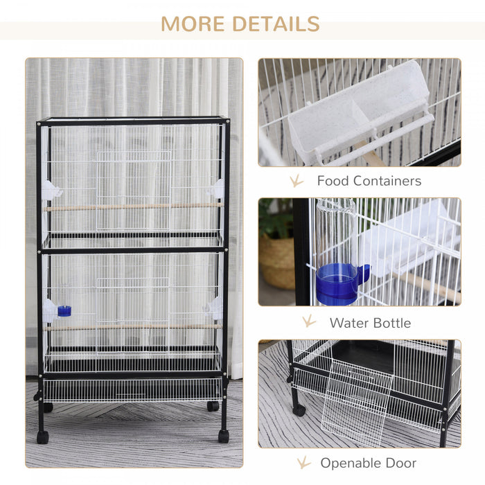 Pawhut 30x20.5x54-inch Bird Cage Parrot Macaw Finch Cockatoo Flight Cage With Wheels Black/white