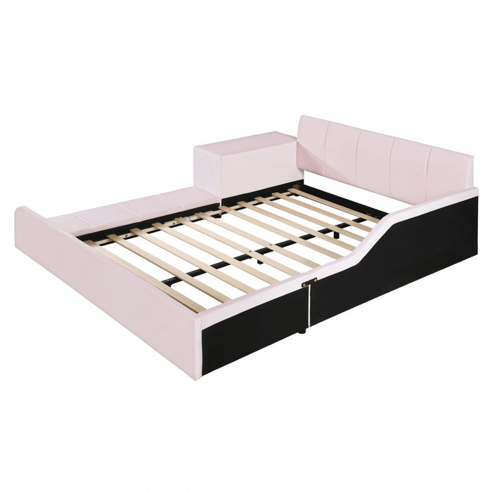 Lily Velvet Upholstered Grounded Bed with Desk and Stool,Full Size,Pink Full Bed