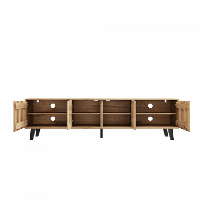 Zara 65 Inch Mid-Century TV Stand with Fluted Doors and Adjustable Shelves, Natural