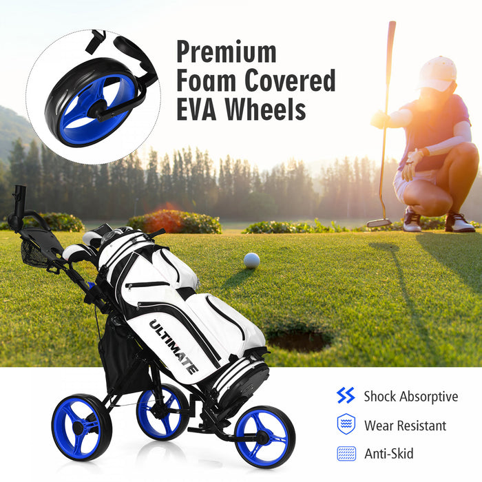 Goplus Folding 3 Wheels Golf Push Cart W/seat Scoreboard Adjustable Handle Blue