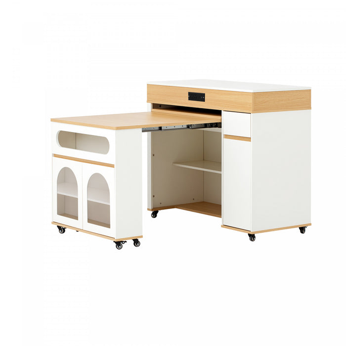 Avery Extendable Dining Table with Rolling Kitchen Island,White