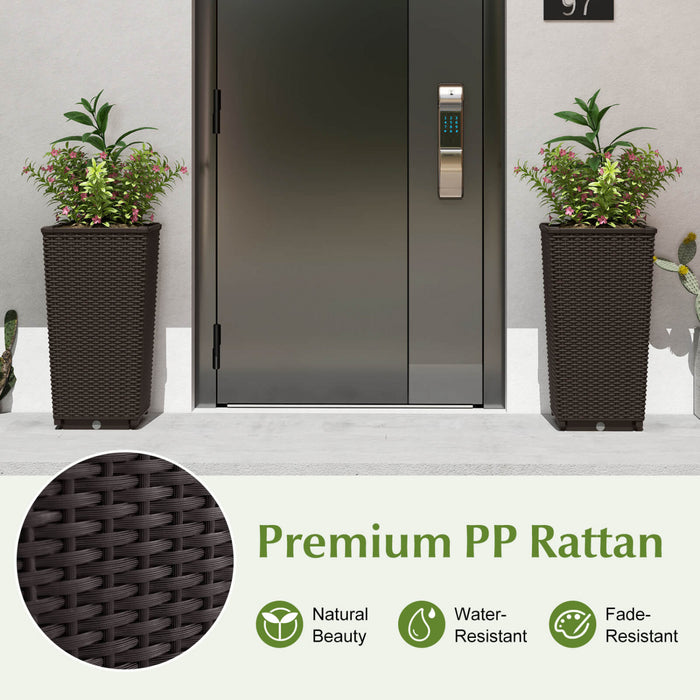 Costway 23\" Tall Planters Set Of 2 Rattan Wicker Plant Pot Self-watering Tree Pot Brown