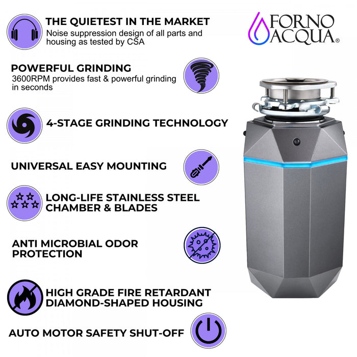 BrightDIAMOND 1HP Quietest Waste Disposer, LED Cabinet Light, Corded & Air Switch, Black Onxy - WDD100TA1BO Food Disposer
