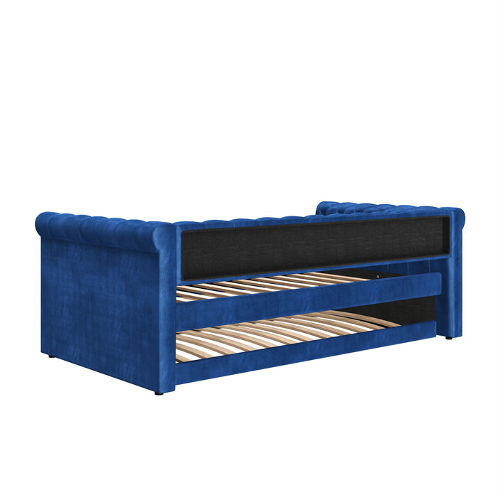 Sophia Tufted Design Upholstered Daybed with Trundle and Comfortable Backrest,Blue