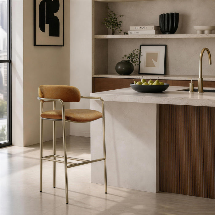 Serene Mid-Century Modern Metal Upholstered Barstool in Turmeric