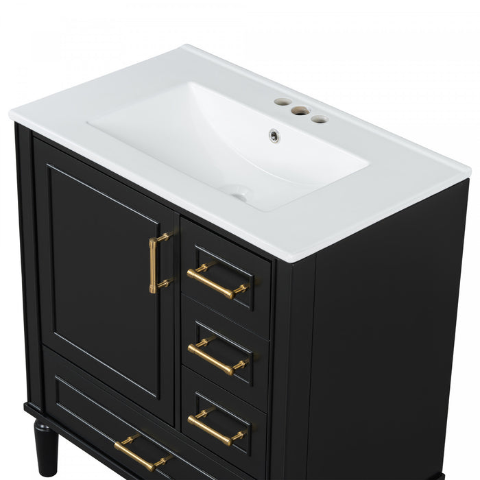Emerson 30 Inch Bathroom Vanity with Ceramic Sink and Three Drawers, Black