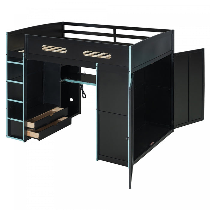Jerry Wood Loft Bed with Desk and Storage,Full Size,Blue Full Bed