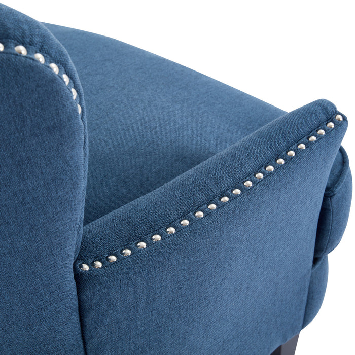 Arcadia Vintage-Inspired Lounge Chair with Nailhead Trim and Curved Backrest, Navy Blue