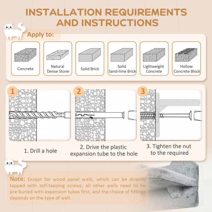 Pawhut Cat Wall Climber With Hammock, Scratching Post, 3 Steps, Jumping Platforms, Cat Wall Shelves For Relaxing, Sleeping, Climbing, Cat Wall Furniture For Indoor Cat - Grey