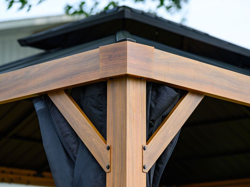 Yosemite 10 X 10' Double Roof Galvanized Steel Roof, Aluminum Posts Wood Finish