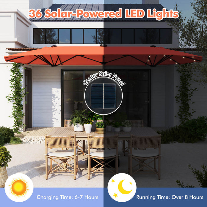 Costway 13 FT Double-sided Patio Umbrella with Solar Lights Crank Handle Umbrella Base Orange