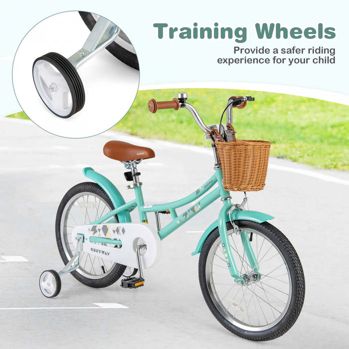 Costway 18\" Kids Bike With Height Adjustable Handlebar Seat Basket Bell Training Wheels Green