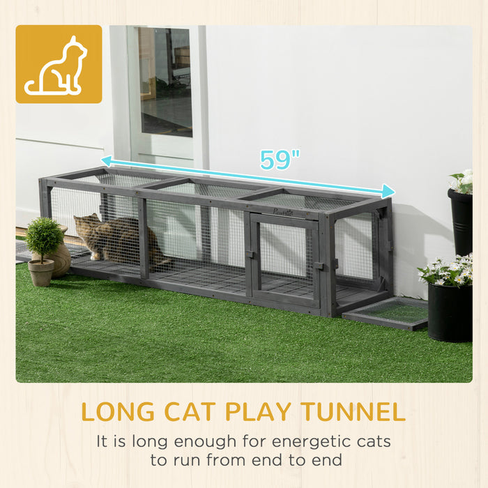 Pawhut 59\" Long Cat Tunnel, Cat Shelter L- Shape With Extendable Design, Cat Enclosure For Indoor/outdoor Use With Weather Protection, Removable Door, Lead Grey