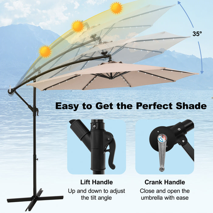 Costway 10 Ft Patio Solar LED Offset Umbrella 40 Lights Crank Cross Base Beige