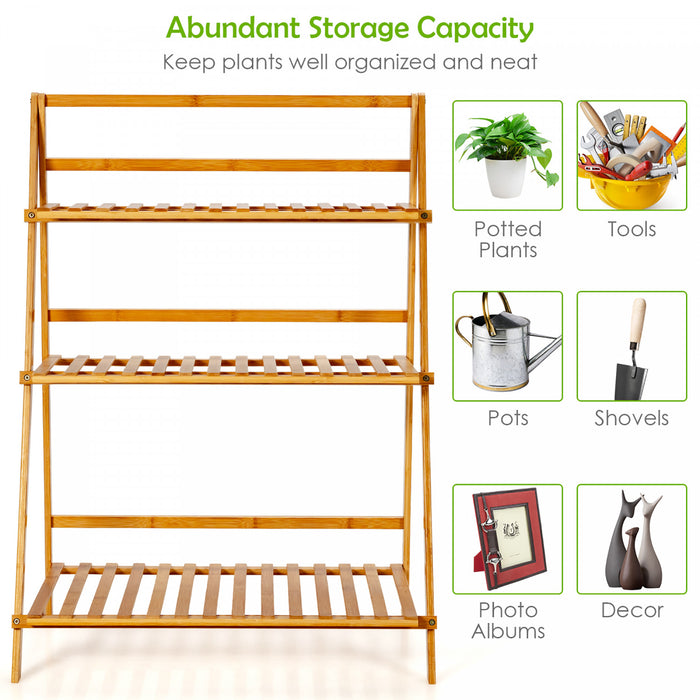 Costway Bamboo Ladder Plant Stand 3-tier Foldable Flower Pot Display Shelf Rack Natural