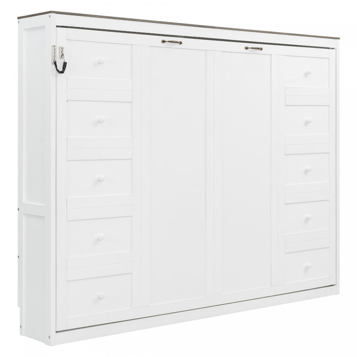 Olivia Solid Wood Murphy Bed with LED Light and Foldable Cabinet,Queen Size,White Queen Bed