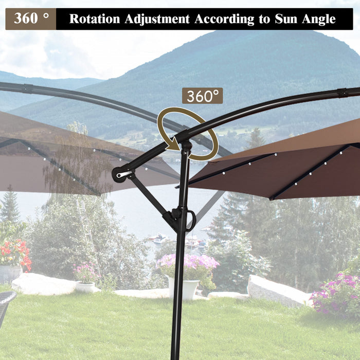 Costway 10FT Patio Offset Umbrella Solar LED 360degrees Rotation Brown