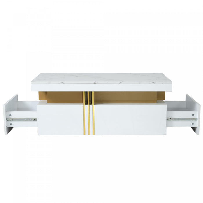 Noah Modern Coffee Table with Marble Pattern Top and Storage Drawers,White