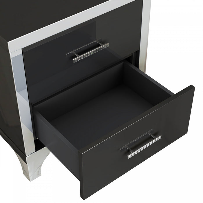 Sophia High Gloss Nightstand with 2 Drawers and Metal Handles,Black