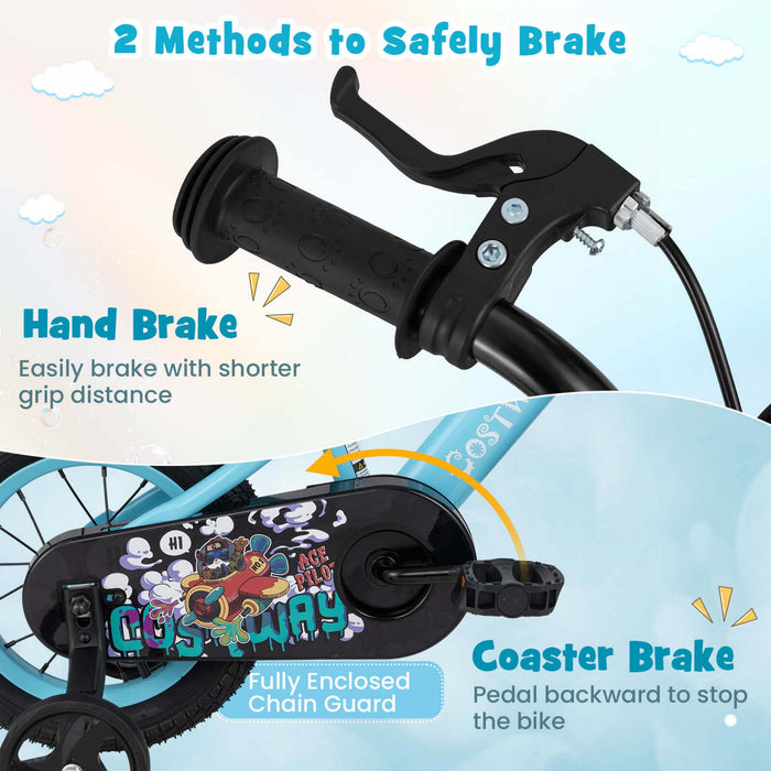 Costway 12\" Kid's Bike For 3-4 With Height-adjustable Handlebar & Saddle Handbrake Blue