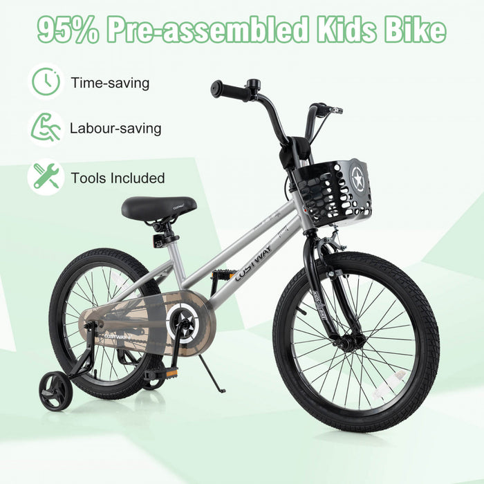 Costway 18\" Kid's Bike With Training Wheels Adjustable Handlebar & Seat Handbrake Sliver