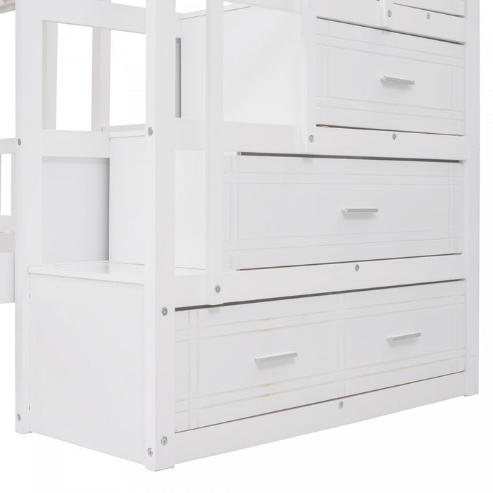 Claire Solid Wood Twin Triple Bunk Bed With Drawers And Guardrails - White
