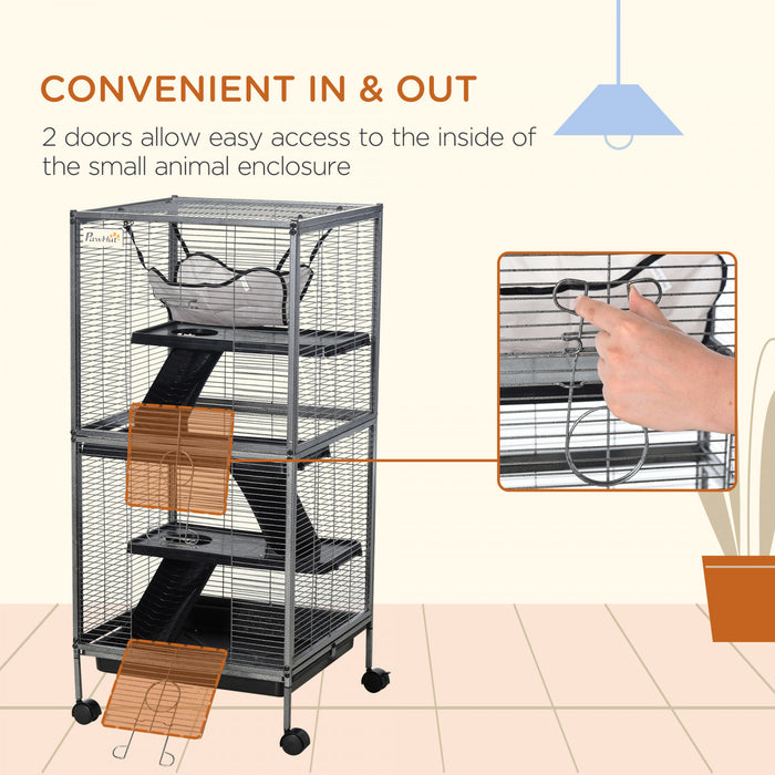Pawhut 4-tier Rolling Small Animal Cage Pet Mink Chinchilla Small Cat Hutch Pet Play House With Hammock Platform, Ramp,removable Tray For Pet Mink, Chinchilla, Small Cat
