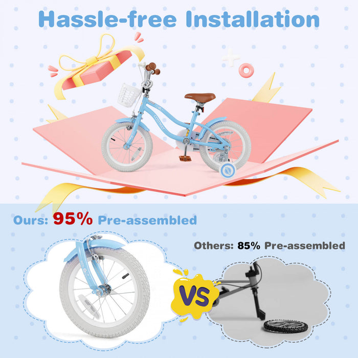 Costway 14\" Kid's Bike With Removable Training Wheels & Basket For 3-5 Years Old Blue
