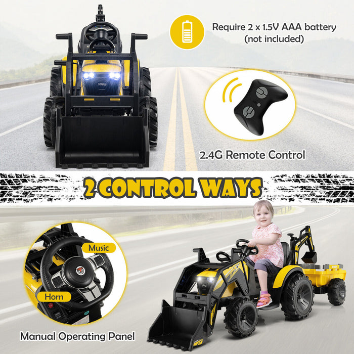 3-in-1 Kids Ride On Excavator Bulldozer 12v Electric Tractor Remote W/ Trailer Yellow