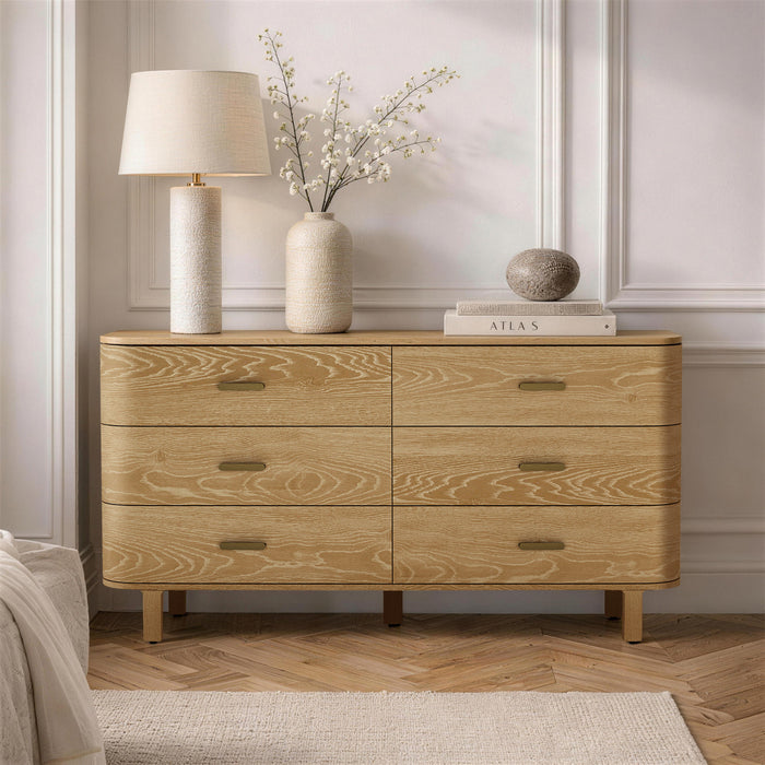 Solara Contemporary 68\" Solid Wood Dresser in Natural Oak (6-Drawer)