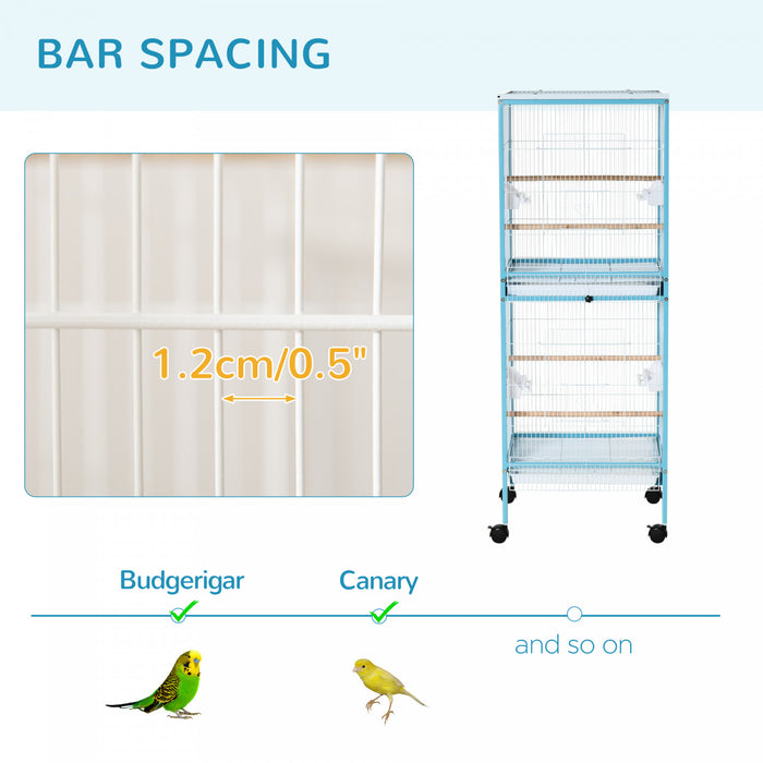 Pawhut 55.1\" 2 In 1 Bird Cage Aviary Parakeet House For Finches, Budgies With Wheels, Slide-out Trays, Wood Perch, Food Containers, Light Blue
