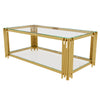 Aria 47.5 Inch Modern Rectangular Coffee Table with Asymmetrical Gold Frame and Glass Top, Transparent | Aria Table Basse Rectangulaire Moderne 47.5 po avec Cadre Asymetrique Dore et Plateau Verre, Transparent