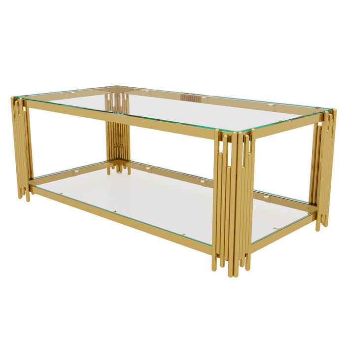 Aria 47.5 Inch Modern Rectangular Coffee Table with Asymmetrical Gold Frame and Glass Top, Transparent