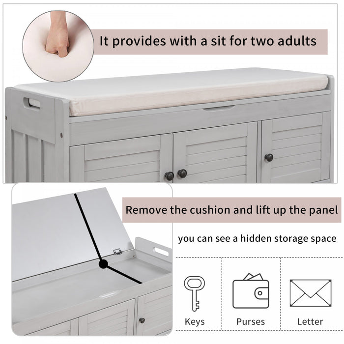 Olivia Pine Wood Storage Bench With 3-door Shoe Cabinet With Hidden Compartment - Grey