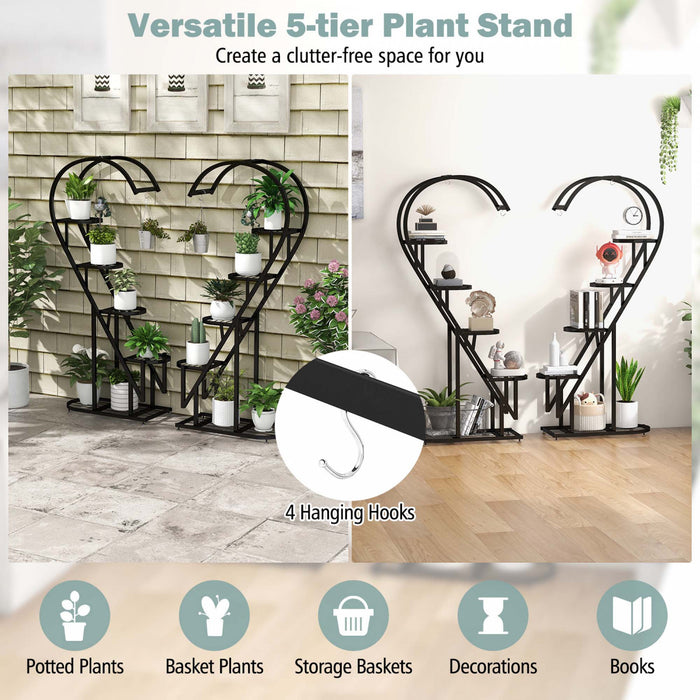 Costway 5 Tier Metal Plant Stand Heart-shaped Shelf With Hanging Hook For Multiple Plants Black