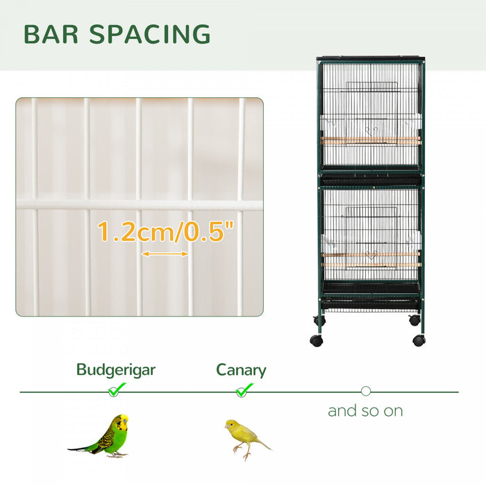 Pawhut 55.1\" 2 In 1 Bird Cage Aviary Parakeet House For Finches, Budgies With Wheels, Slide-out Trays, Wood Perch, Food Containers, Green