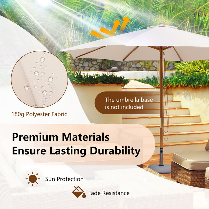 10FT Patio Wooden Market Table Umbrella Pulley w/8 Bamboo Ribs Sunshade Canopy
