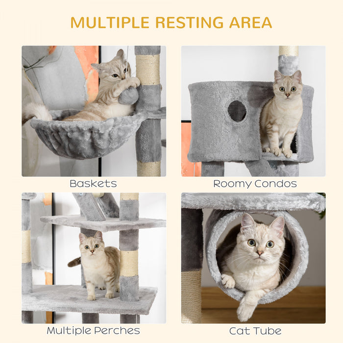 Pawhut 94\"-102\" Huge Cat Tree Ceiling High Cat Condo Scratching Post Activity Center Multi-level Play House Light Grey