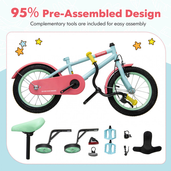 Costway 16\" Kids Bike With Adjustable Saddle Handlebar Removable Training Wheels Handbrake Red